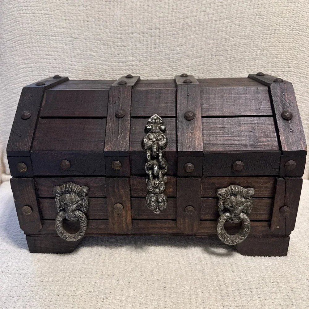 Vintage Wooden Treasure Chest Pirate Trinket Keepsake Storage Box 12